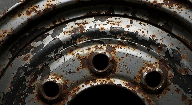 Close-up of rusty metal wheel hub.