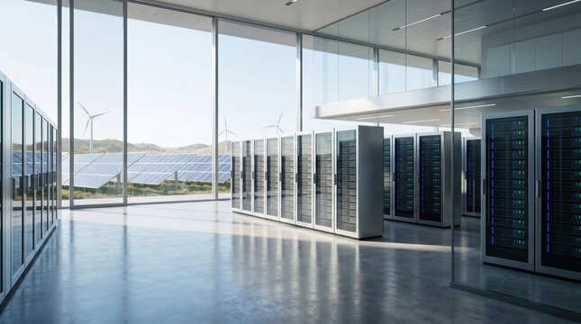 Modern eco-friendly data center server room with glass walls overlooking solar panels and wind turbines outside, sustainable green energy technology infrastructure for cloud