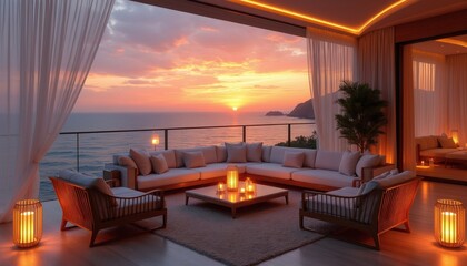 Obraz premium Luxury terrace with ocean view at sunset. Comfortable sofa and chairs create a cozy lounge space. Ambient lighting enhances evening relaxation and social gatherings.