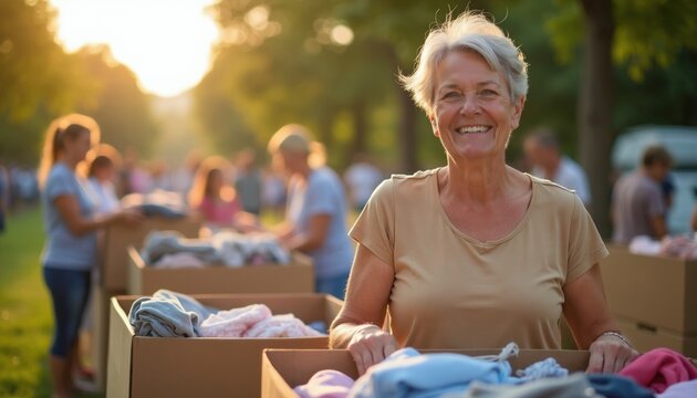 Elderly woman happily sorts donated clothes at outdoor charity event. Volunteers work together in sunlit park. People assist needy, show care and kindness.