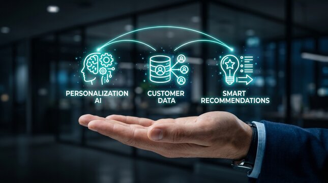 Businessman presenting personalized ai customer data for smart recommendations in office