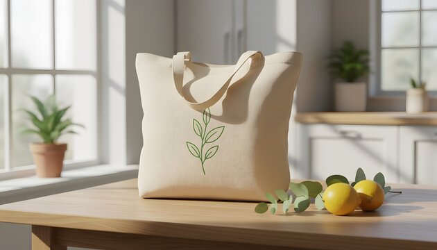 Eco bag sitting on a kitchen table with lemons for an Earth Day sustainability concept, bright minimalist interior representing a zero waste lifestyle and nature care
