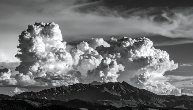Dramatic Cumulonimbus Cloud Formation Over Mountain Range in Black and White.