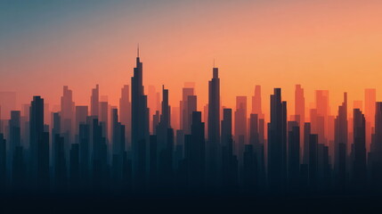Fototapeta premium Silhouette of modern city skyline with skyscrapers against sunset orange purple gradient background urban landscape dramatic skyline horizon scene