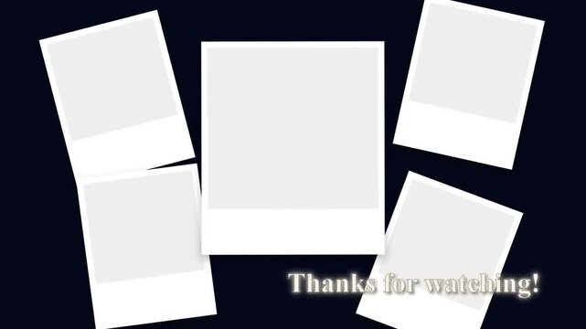 Thanks for watching video outro featuring five blank polaroid photo frames on a dark background.