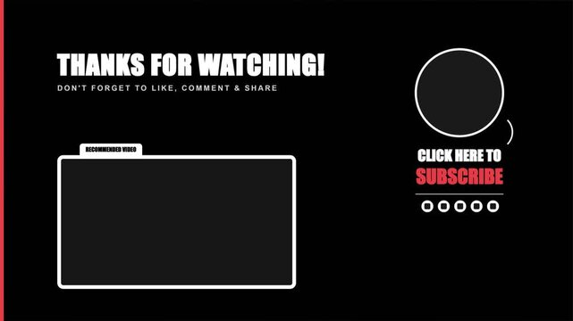 Video outro end screen animation with subscription and recommended video placeholders on a black background