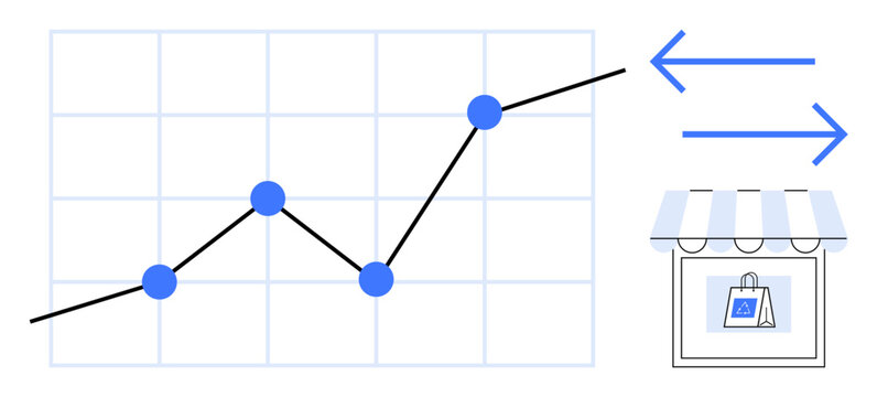 Business growth, market analysis, e-commerce, data exchange, financial planning, entrepreneurship. Graph with upward trendline, dots arrows and storefront. Business growth and market analysis