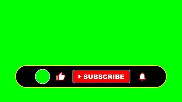 Animated social media subscribe button with like and notification bell icons on a green screen background.