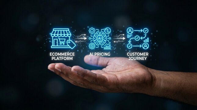Hand holding glowing ecommerce platform ai pricing and customer journey icons on dark background with blue lights