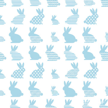 Stylized vector easter bunnies featuring geometric patterns and polka dots arranged in a seamless repeating pattern on a stark white background, festive spring charm