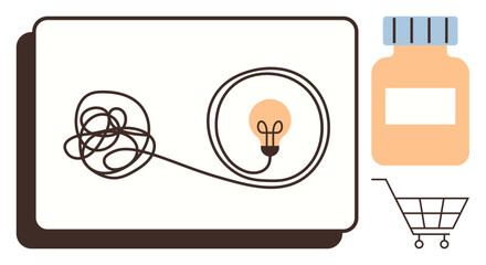 Problem-solving, creativity, innovation, e-commerce, product development, business solutions. Tangled cable leading to a lightbulb, a shopping cart and a bottle. Problem-solving and creativity © robu_s