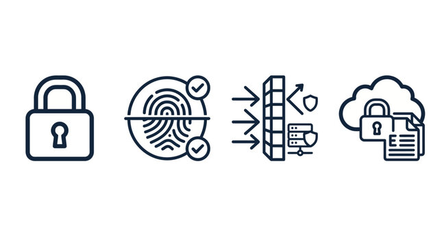 Visual representation of essential digital security concepts, including data protection, biometric authentication, network firewall, and secure cloud storage solutions