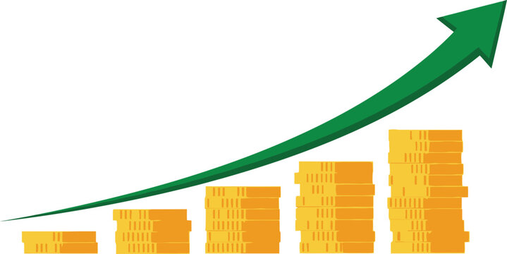 Financial Growth Visual: A visual representation of financial prosperity, with stacks of golden coins escalating alongside a vibrant green arrow, symbolizing upward trajectory and market growth.