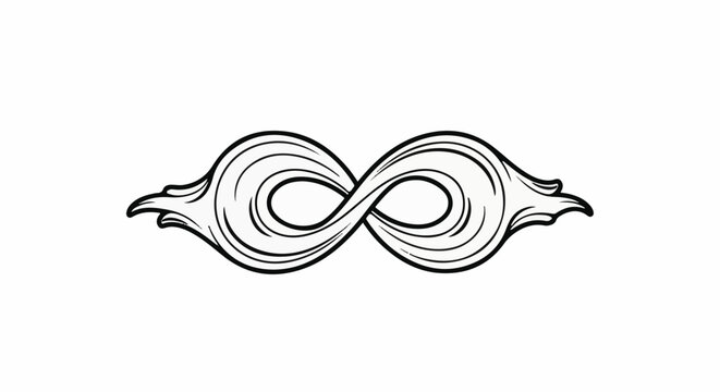 Stylized infinity symbol with decorative swirling ends, black and white