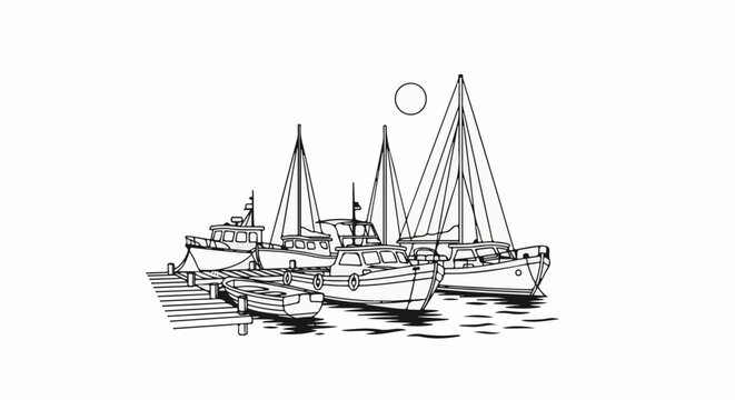 Stylized black and white line drawing of various boats moored