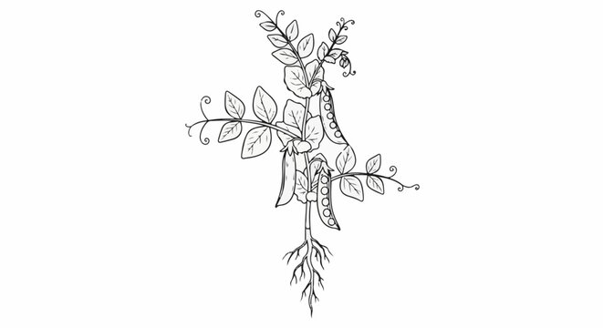 Stylized line drawing of a pea plant with roots, leaves, and pods