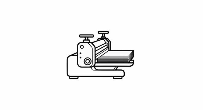 Stylized black and white outline drawing of a printing press with paper