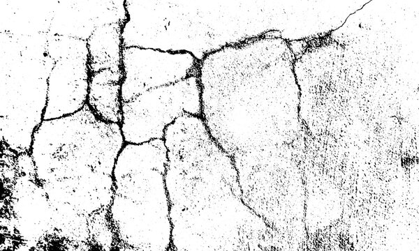 Black and white grunge cracked wall texture overlay with deep fractures and rough distressed concrete surface isolated on white background