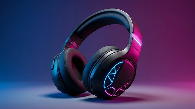 Black gaming headphones with neon blue and pink accents