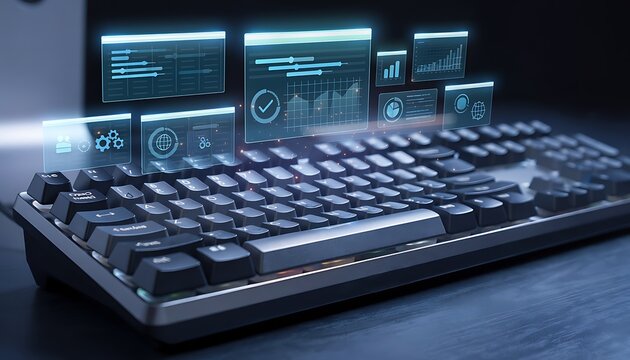Holographic data interface above a keyboard, showcasing advanced analytics and innovative technology concepts for business intelligence and future digital productivity