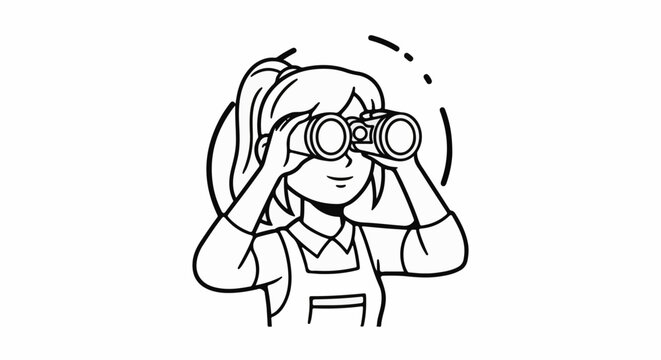 Stylized line art of a young person with a ponytail looking through binoculars