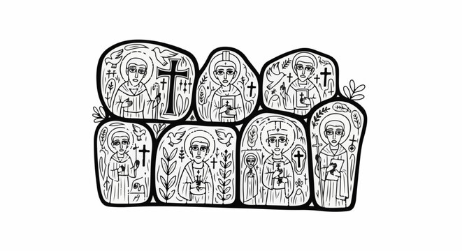 Stylized depiction of seven religious figures in ornate frames