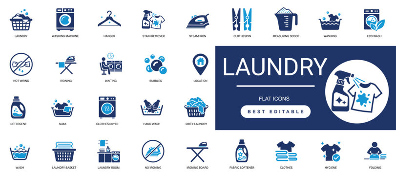 laundry solid icon set. washing, ironing, dry clean, basket, detergent, service, clothes, fabric, water, cleaning. editable vector solid illustration