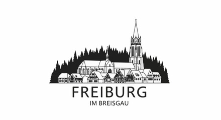 Obraz premium Stylized black and white skyline of a town with a large church, timber-framed houses, and pine trees
