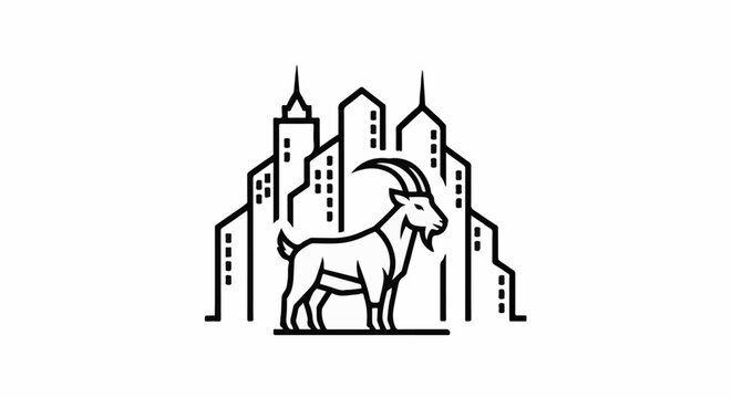 Stylized goat stands before a modern city skyline in a graphic design