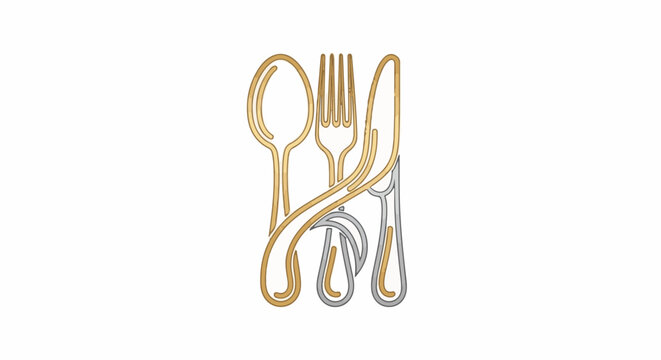 Stylized gold and silver cutlery interlocked against a white background