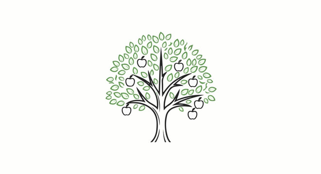 Stylized drawing of an apple tree with green leaves and white apples