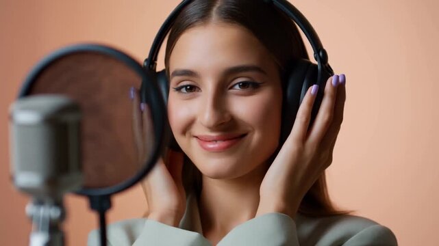 Happy Female Artist Recording Audio in a Professional Studio.