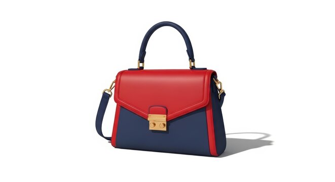 Elegant red and navy blue leather handbag with gold hardware, luxury designer fashion accessory, stylish women's shoulder bag on white background