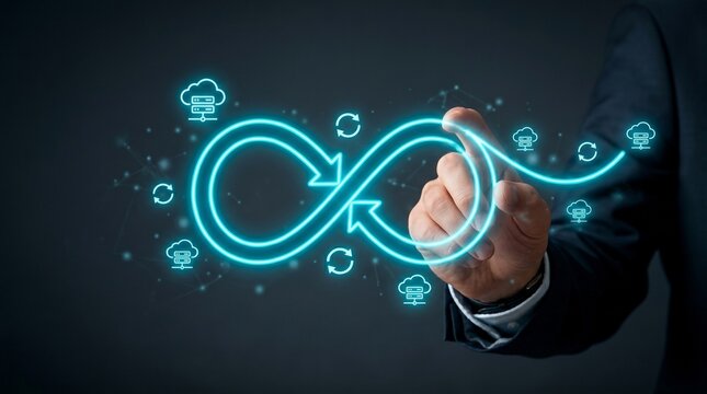 Businessman drawing a glowing blue infinity symbol with cloud and arrow icons around it on a dark background