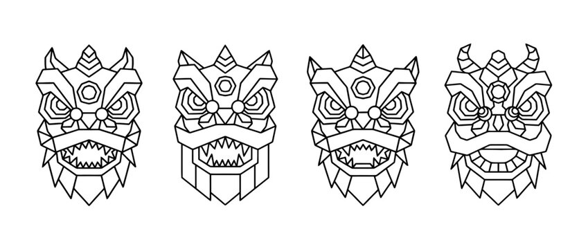 lion dance head , Geometric Origami line art vector set