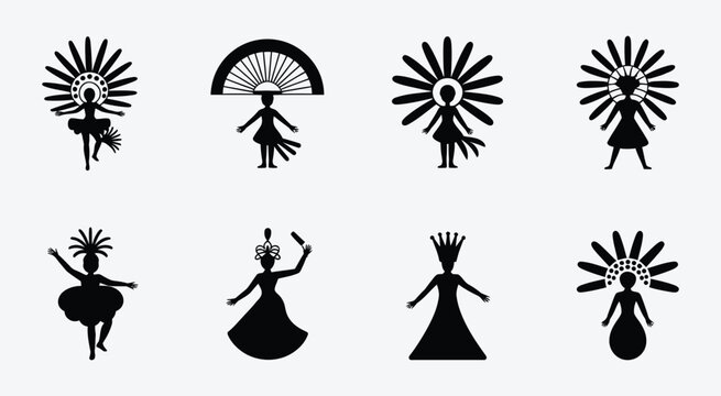 Carnival silhouette icon set featuring dancing figures in traditional costumes in clean black style for festival celebration culture events and party graphics