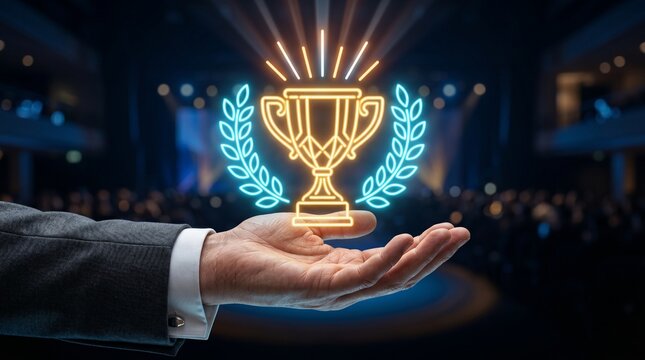 A glowing neon trophy cup with laurel wreaths on a persons hand in a dark room with blurred audience in background