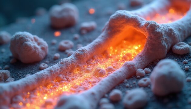Microscopic view of bone cells with flowing calcium particles. Organic structure shows mineral deposit process. Cellular activity in tissue.