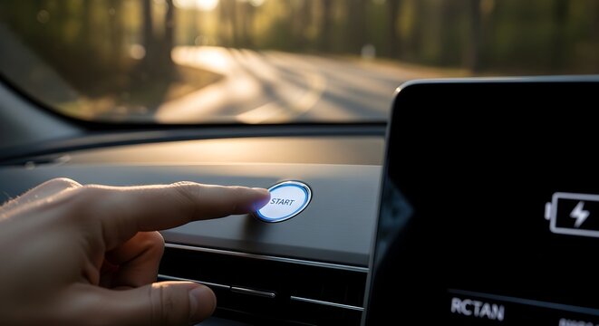 Hand pressing illuminated start button in a contemporary electric vehicle, ready for eco-friendly travel on a sunlit road