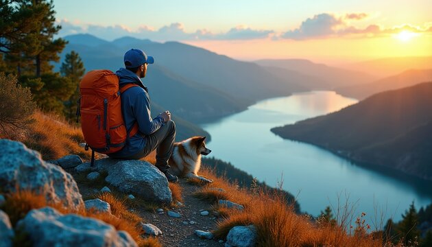 Man with dog sits on mountain cliff edge overlooking serene lake at sunset. Orange backpack, blue cap, enjoys nature beauty, adventure, peaceful moment. Outdoor trip.