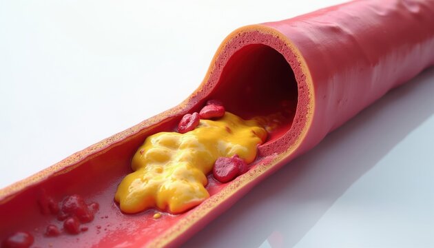 Atherosclerosis plaque buildup narrows artery. Yellow fat deposit obstructs blood vessel interior. Red blood cells flow past blockage, causing circulation issue. Medical concept for heart risk.