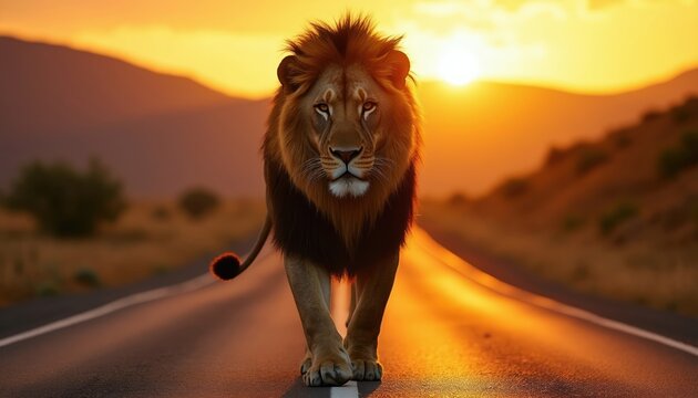 Majestic lion walks on asphalt road during golden sunset. African wild cat crosses savanna landscape in warm evening light. Powerful predator moves forward on desert path.