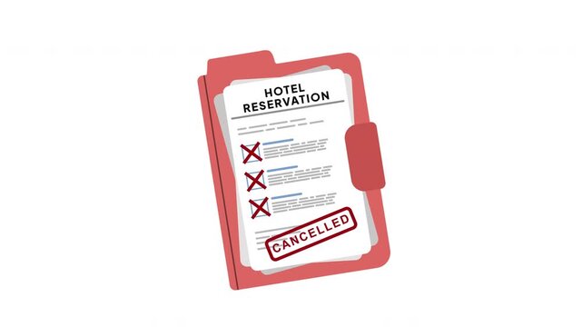 Hotel Reservation Cancelled : Animation of a Hotel Reservation Document Sheet with Cancelled Stamp Effect for Travel Booking Changes, Refund Requests and Hospitality Management