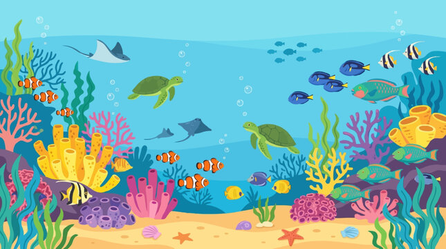 Underwater ocean scene, tropical coral reef, colorful fish schools, sea turtles, seaweed, bubbles, clear blue water, marine life diversity, stylized aquatic plants, peaceful ocean floor