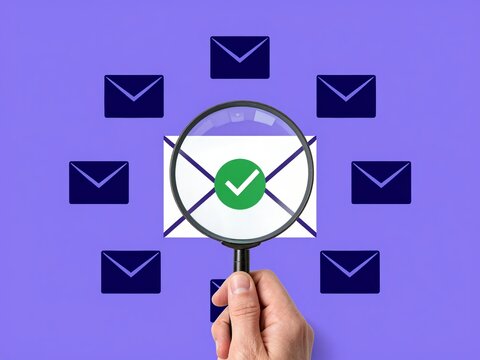 Verified Email Under Magnifying Glass on Purple Background