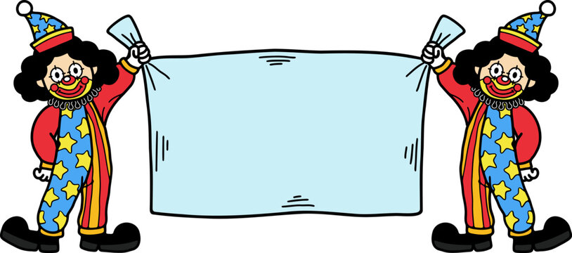 Two clowns are holding a sign together.