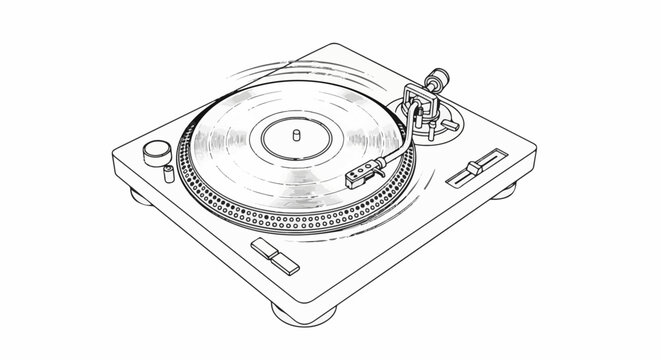 Stylized line art of a spinning record player with a tonearm over the vinyl