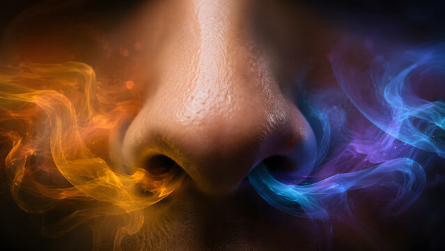 Sensory smoke and textured skin on a human nose, with orange and blue vapor entering nostrils, representing aroma perception, breathing, scent, and sensory experience.