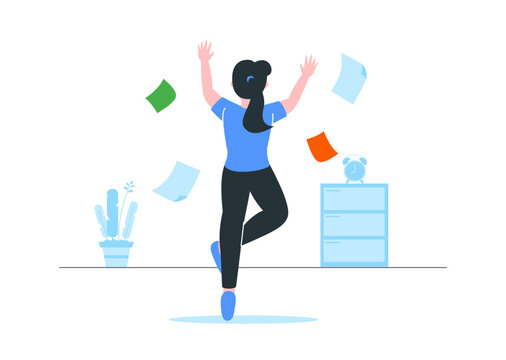 All done illustration with happy woman jumping celebrating with papers flying, vector concept for task completed and success state