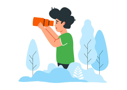 Nothing here illustration with woman holding binoculars looking around, vector concept for empty state search and explore onboarding